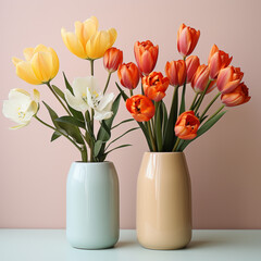 tulips in 2 vases on a Peach colored  background, in the style of light red and light beige, minimalist backgrounds.