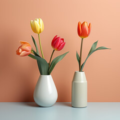 tulips in 2 vases on a Peach colored  background, in the style of light red and light beige, minimalist backgrounds.