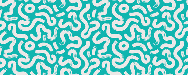 Modern abstract color seamless pattern with squiggles and bold curved lines. Hand drawn bold doodles, organic lines on green background. Abstract childish colorful pattern with organic thick strokes.