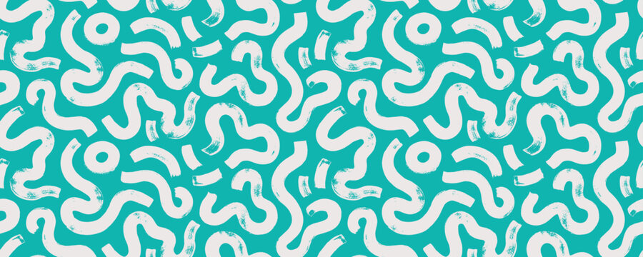Modern abstract color seamless pattern with squiggles and bold curved lines. Hand drawn bold doodles, organic lines on green background. Abstract childish colorful pattern with organic thick strokes.