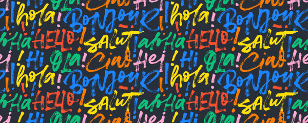 Seamless pattern with colorful words hello in different languages. Brush drawn modern mulri colored calligraphy on black background. Hello in French, English, Italian, Hawaiian and Spain languages. © Anastasiia Hevko