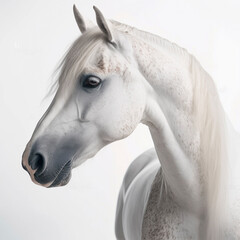 white horse (Equidae), in front of white background, AI generated