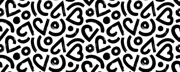 Geometric hearts with circles seamless banner. Romantic abstract geometric background with brush drawn bold hearts. Vector retro illustration for Valentine's day. Love motif seamless pattern.
