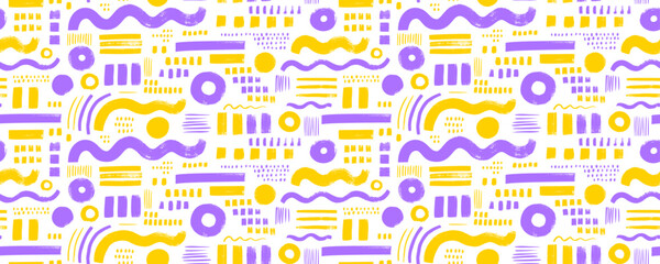 Obraz premium Multi colored abstract Memphis geometric shapes seamless pattern. Brush drawn bold geometric shapes, stripes, wavy lines, circles and dots. Abstract colorful background. Hand drawn futuristic figures.