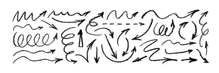 Collection various charcoal arrows. Hand drawn doodle symbols for sketchy diagrams. Direction pointers, group of chalked arrows. Vector doodle marker drawing. Scratched curved strokes and waves.