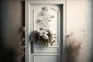 a white door with a bunch of flowers hanging on the side of it and a vase of flowers on the side of the door with flowers in front of the door.