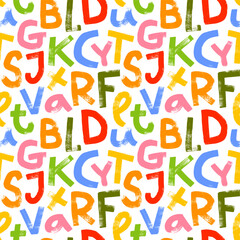 Rough alphabet bold letters seamless pattern. Brush drawn textured typography ornament. Childish style english letters in bright colors. Grunge kid typography. Vector inked letterpress print texture.