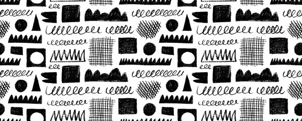 Random childish pencil drawn shapes and scribbles seamless pattern. Charcoal geometric shapes ornament. Childish freehand scratches and hand drawn crayon shapes background. Doodle objects.