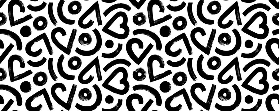 Geometric hearts with circles seamless banner. Romantic abstract geometric background with brush drawn bold hearts. Vector retro illustration for Valentine's day. Love motif seamless pattern.