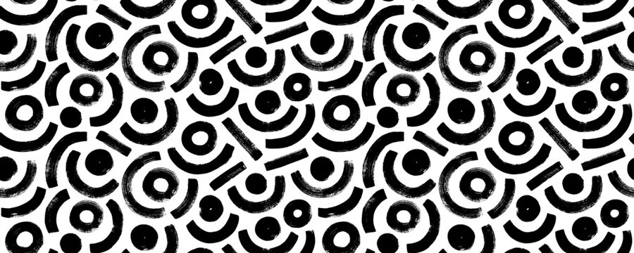 Geometric seamless patterns with arches, straight lines and circles. Brush drawn bold arches with big dots. Seamless backgrounds with vector curved lines. Vector textured geometric ornament.