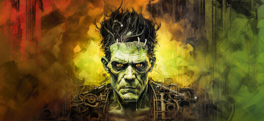 Artwork featuring the classic monster Frankenstein. His ugly face is green and stitched together. 
