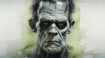 Artwork featuring the classic monster Frankenstein. His ugly face is green and stitched together. 