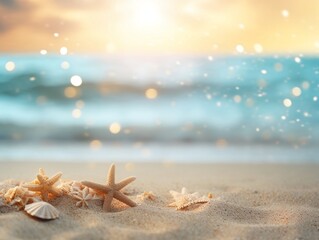 Fototapeta na wymiar Tropical summer sand beach and bokeh sun light on sea background,AI Generative 