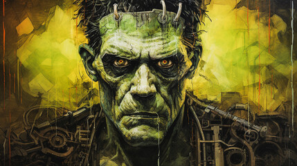 Artwork featuring the classic monster Frankenstein. His ugly face is green and stitched together. 