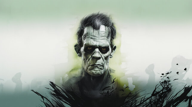 Artwork featuring the classic monster Frankenstein. His ugly face is green and stitched together. 