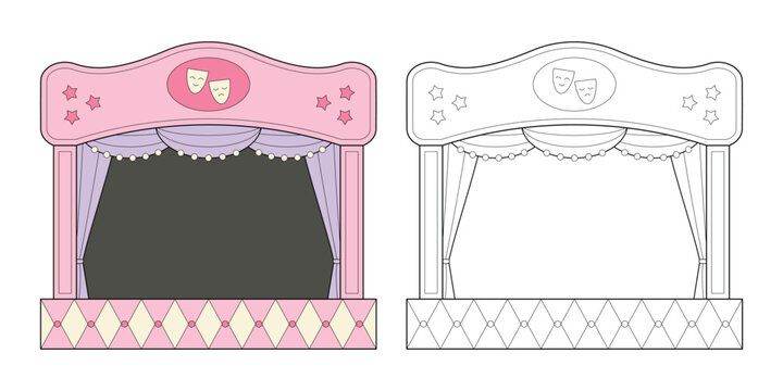 Pink puppet theatre with purple curtains on a white background. Cartoon style. Vector