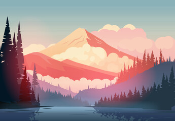 Beautiful vector background with sun lit mountain, hills, forest and lake. - 618946008