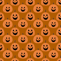 Halloween pumpkin seamless pattern on brown background. Flat design illustration wallpaper.