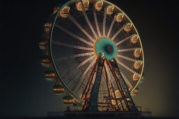 a ferris wheel lit up at night with lights in the dark sky behind it and a dark sky behind the ferris wheel with lights in the dark sky above the ferris wheel, with a.