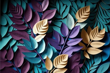 a colorful paper art of leaves on a blue and purple background with a gold leaf on the left side of the image and a green leaf on the right side of the left side of the image.