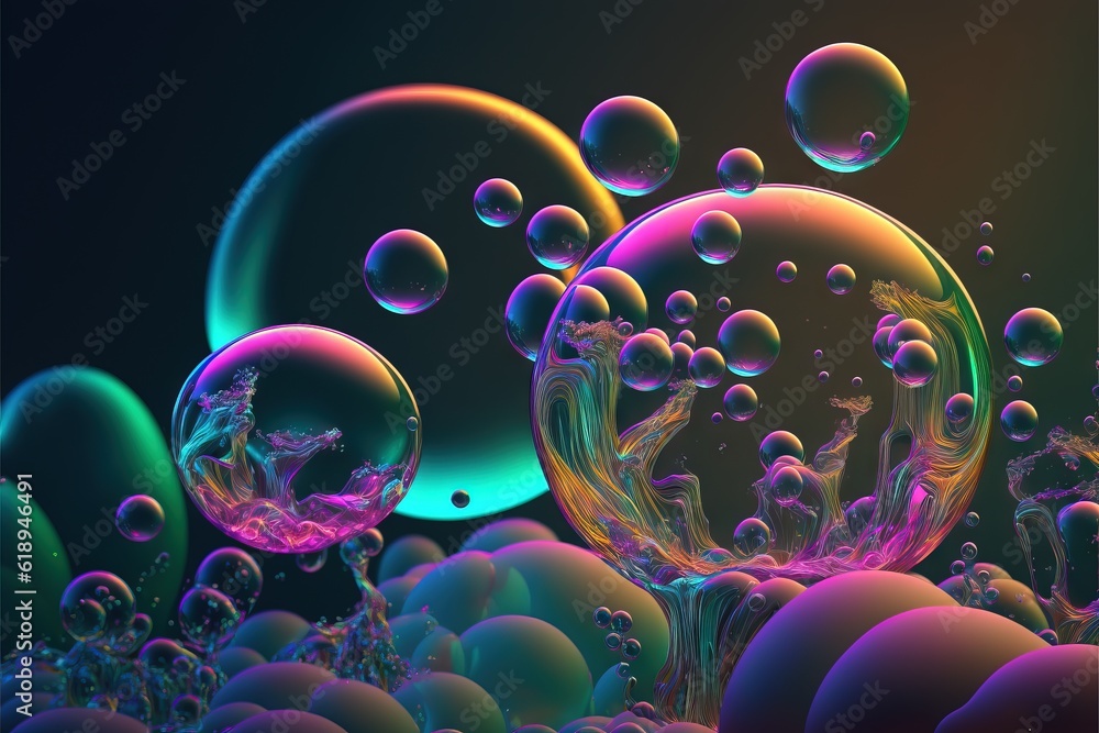Poster a group of bubbles floating in the air with a black background and a blue and green background with 