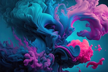 an abstract painting of blue, pink, and purple colors on a blue background with a black border around the edges of the image and the bottom half of the image is a pink and bottom half of the image.