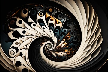 a computer generated image of a spiral of white and black material with gold accents and black and white swirls on the center of the image is a black background with gold and white border.