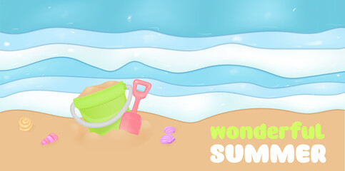 Fototapeta na wymiar 3d realistic vector kids bucket and spade for sand play on the sea. The beach and the sea. EPS 10
