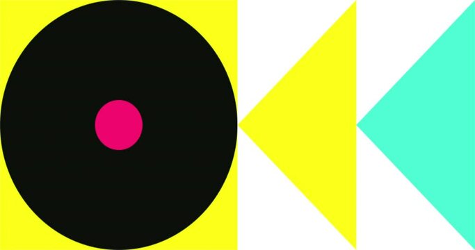 Modern loop Animated Geometric pattern or background. 4K resolution geometric motion design in pink, yellow, blue and black colors. Abstract mooving shapes background with circles and triangular