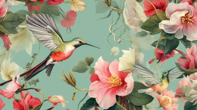 Hummingbird ART: A Bird Illustration with a Hummingbird and a Tropical Flowers Wallpaper AI Generated
