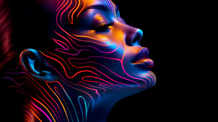 Obraz na płótnie Canvas Neon Fictional AI generated Woman Art Glow Realistic Photography Black Background 4k