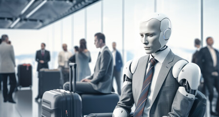 A humanoid is sitting swearing a suit near a briefcase and people in the background.