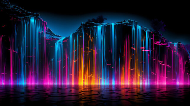 Plexus Neon Black Waterfall Nature Background Digital Desktop Wallpaper HD 4k Light Glowing Laser Motion Bright
