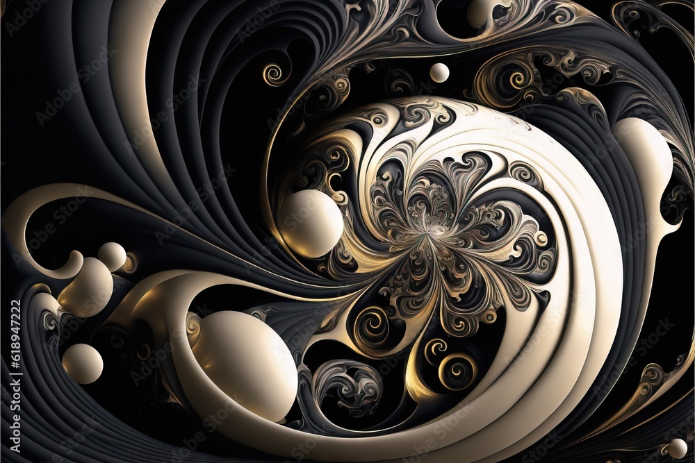 Poster a computer generated image of a black and white swirl with gold accents and bubbles in the center of