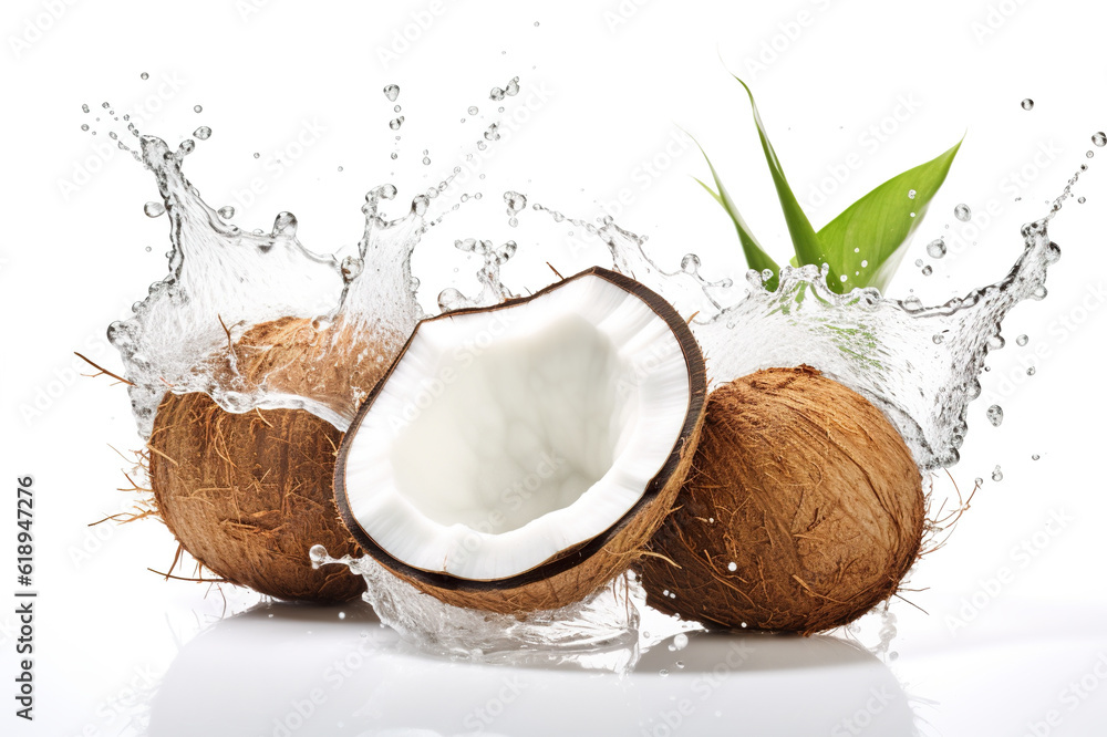 Poster two coconuts with a splash of water on them. generative ai. isolated on white background.