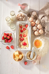 Homemade strawberry yeast cake freshly baked at home.