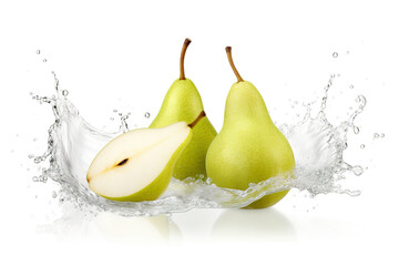 Fototapeta na wymiar Two pears splashing into a bowl of water. Generative AI. Water or juice splash on white background