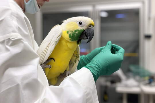 Veterinarian, an animal doctor checking parrot bird a vet clinic, Generative AI image.