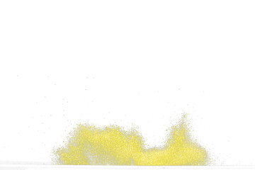 Obraz premium Explosion metallic gold glitter sparkle. Golden Glitter powder spark blink celebrate, blur foil explode in air, fly throw gold glitters particle. Black background isolated, selective focus Blur bokeh