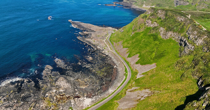 Aerial view of Giants Causeway Atlantic Ocean on North Coast Co Antrim Northern Ireland