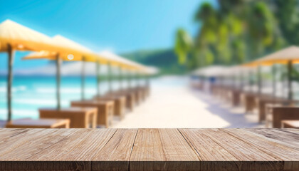 Empty wooden table on a beautiful blurred tropical