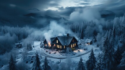A warm and inviting home amidst a snow - covered forest. Generative AI