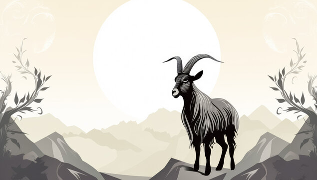 cartoon goat standing on the mountain. Eid Mubarak invitation or greeting, in the style of monumental ink paintings.