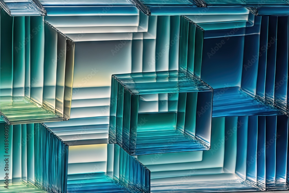 Poster a group of glass blocks sitting next to each other on top of a table in front of a wall of glass blo