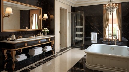 Obraz na płótnie Canvas a bath room with a bath tub a sink and a mirror