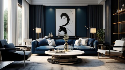 Fototapeta premium a living room filled with furniture and a painting on the wall