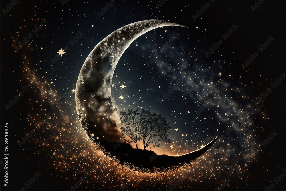 Poster a crescent moon with a tree on a hill in the background and stars in the sky above it, with a night 