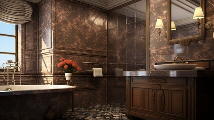 a bathroom with a tub sink and mirror