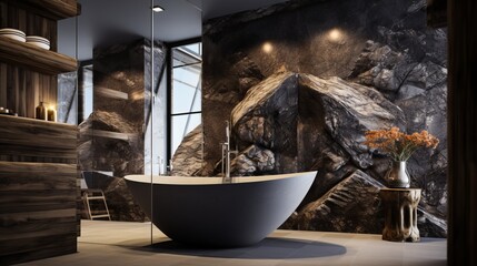 a bathroom with a large stone wall and a large tub