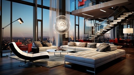 a living room filled with furniture and a spiral staircase